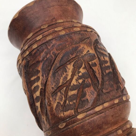 Wood Hand Carved Brown Turned Pedestal  Vase - Picture 4 of 15